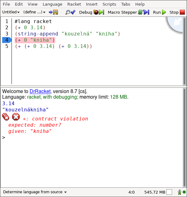 Screenshot DrRacket s dopisem pro kouzelnou hůlku (zdrojovým kódem) v horní polovině a výsledkem jeho vykonání v dolní polovině. Vykonání třetí kouzelné věty se nepovedlo a další věty se tak nevykonají.