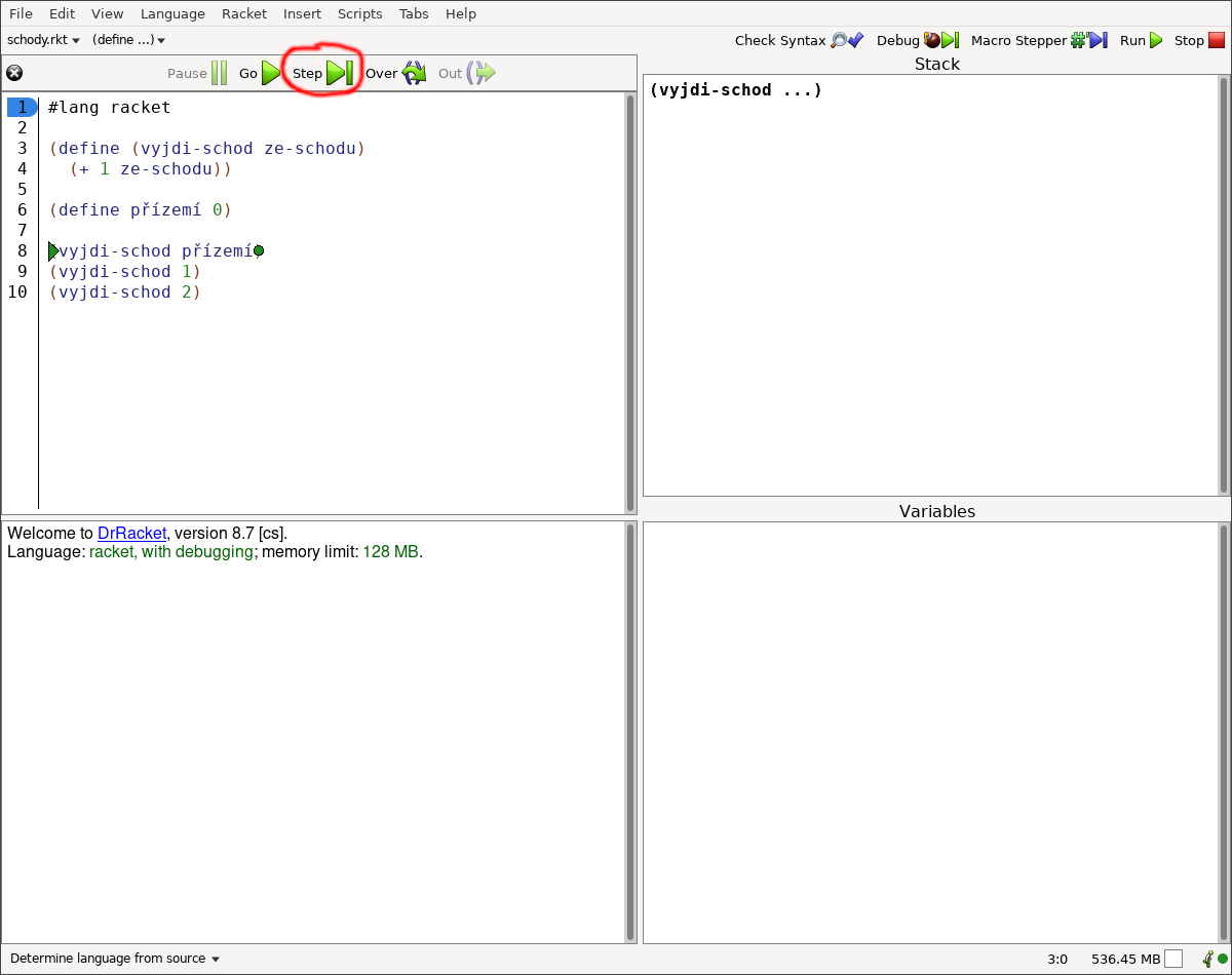 Kliknutím na Step čaroděj krokuje vykonávání dopisu pro kouzelnou hůlku.
