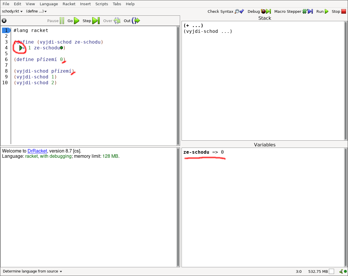 Zelený trojúhelník značí v jakém kroku vykonávání kouzelná hůlka je a Variables zobrazuje hodnotu kouzelný slov.