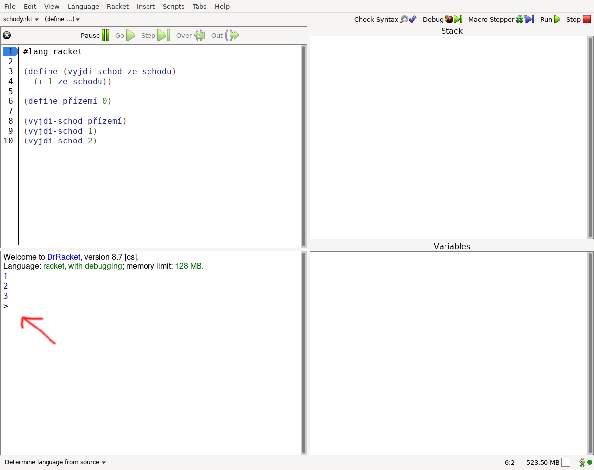 Po proklikání všech kroků dopisu pro kouzelnou hůlku se v okně výpisu objeví “zobáček” > značící konec programu.